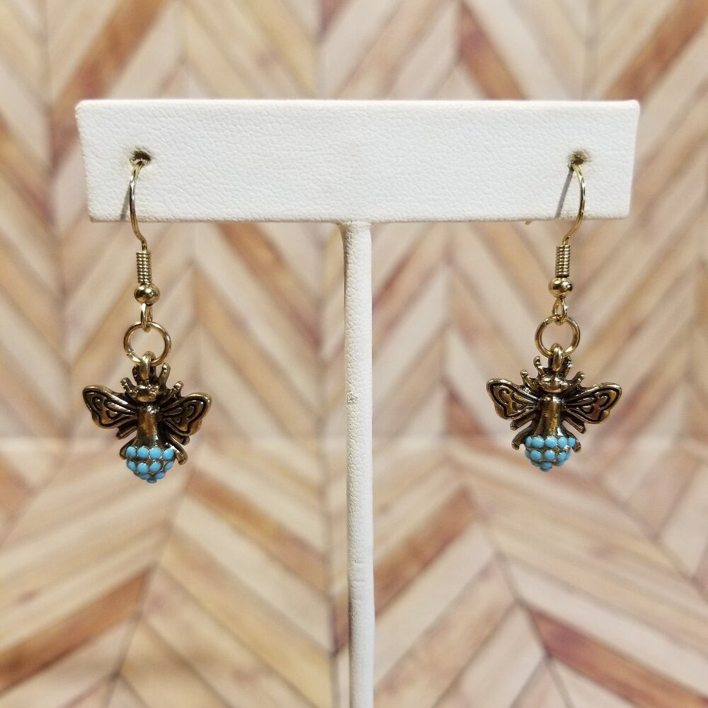 Bronze Wasp Earrings with Blue Tail